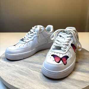 Women's Air Force 1 AF1 Custom Pink Butterfly‎ White Leather Sneakers US Size 7